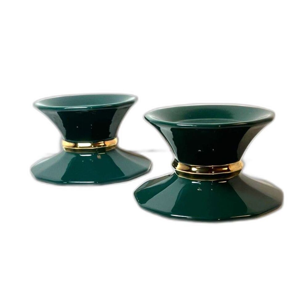 Partylite Pillar Candle Holders Hunter Green Gold Ceramic Risers Set of 2 Vtg